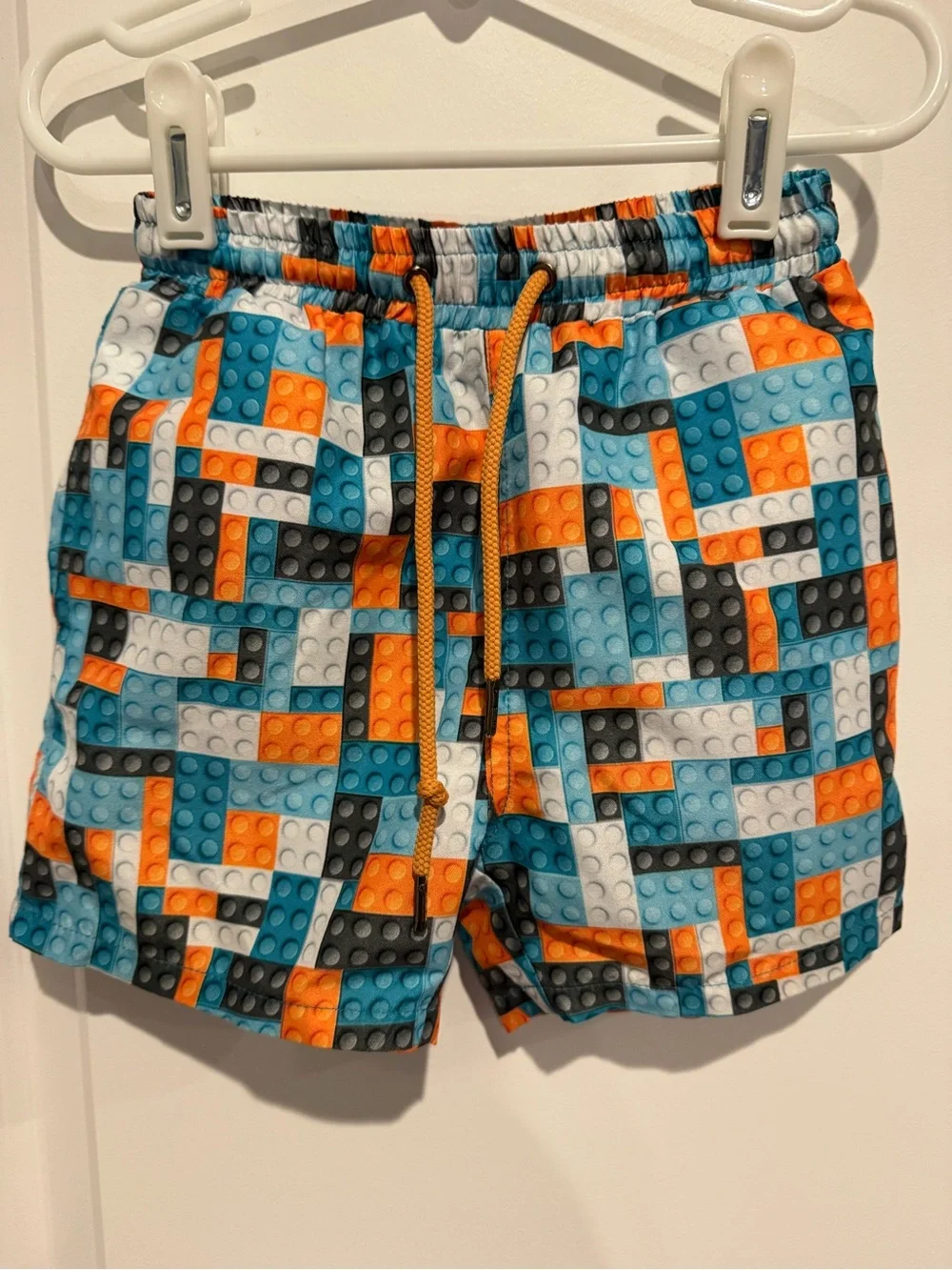 Kids Blue & Orange Swim Trunks with Block Print